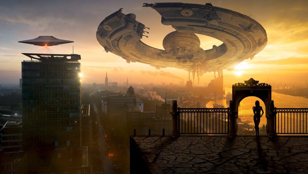 Picture of a science fiction world, futurised with a ship and saucers